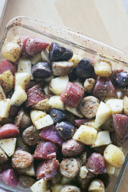1050 Roasted Apples Potatoes and Sausage with Maple Mustard Glaze