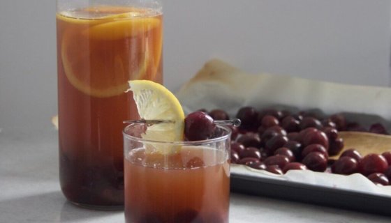 Peach Iced Tea with Roasted Cherries