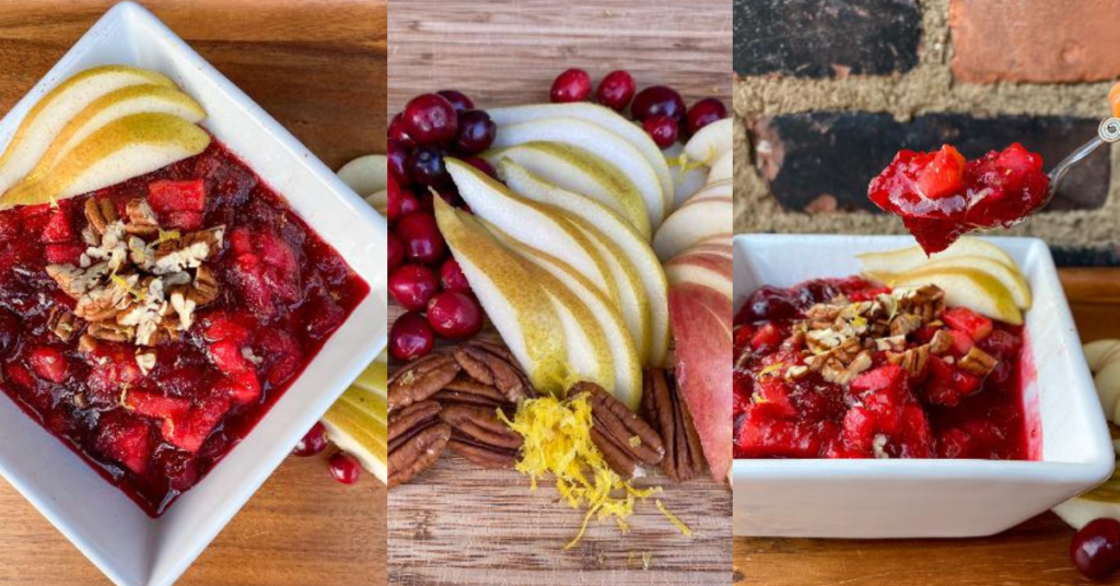 Apple, pear, and cranberry sauce shown in three windows.