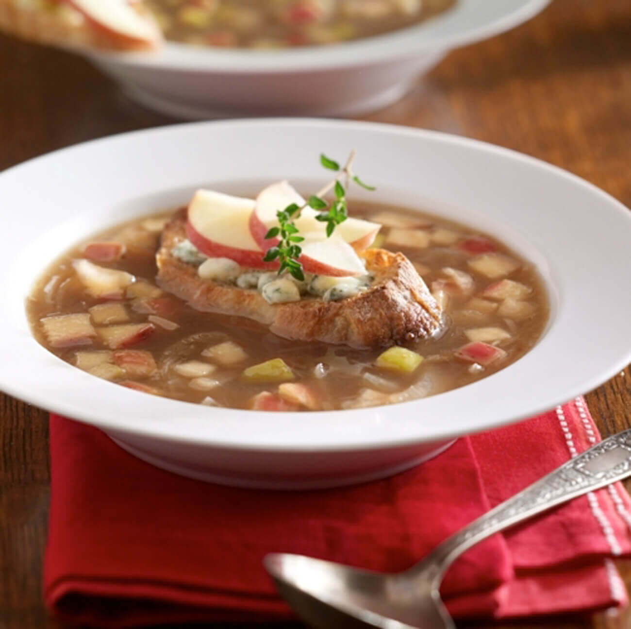 Caramelized Onion-Apple Soup with Blue Cheese Croutons