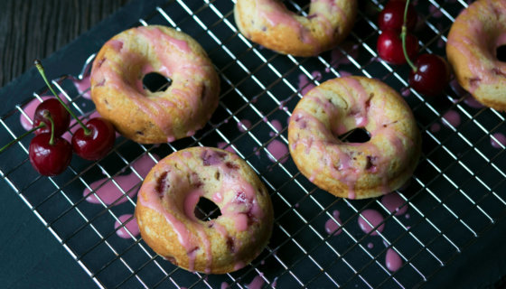 Baked Cherry Doughnuts with Cherry Glaze