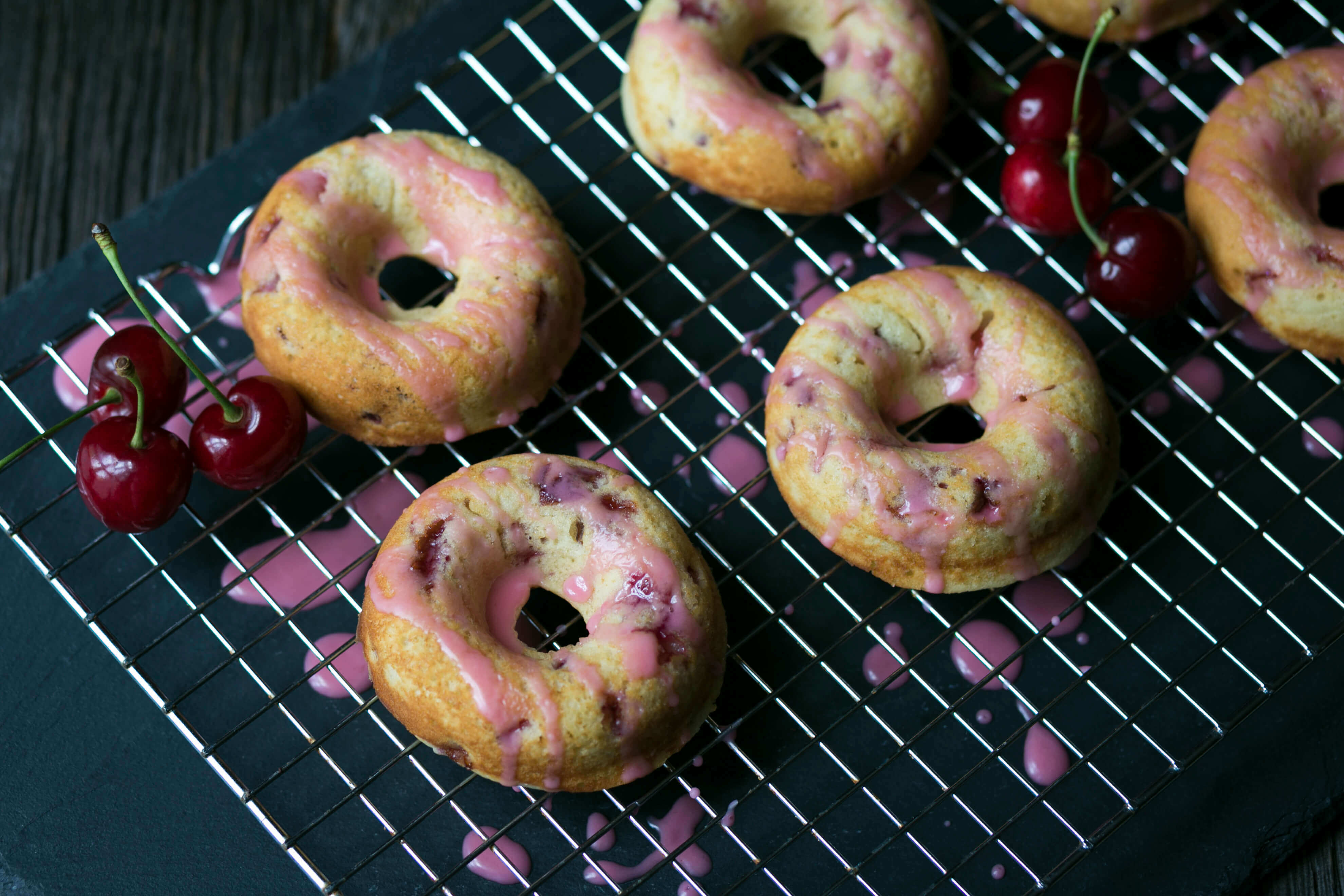 Baked Cherry Doughnuts with Cherry Glaze
