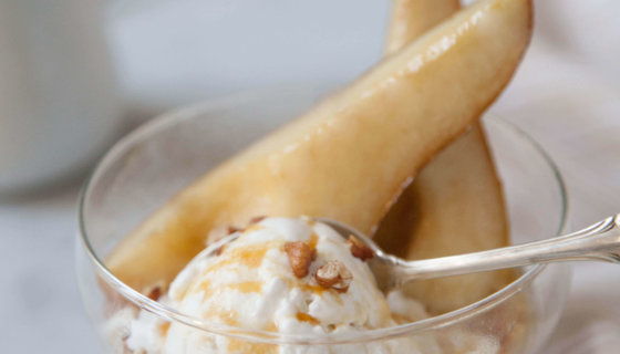Warm Amaretto Bosc Pears & Ice Cream with Sea Salt Caramel and Toasted Pecans
