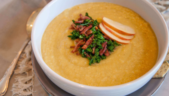Roasted Apple & Parsnip Soup, topped with Sautéed Garlicky Kale and Turkey Bacon