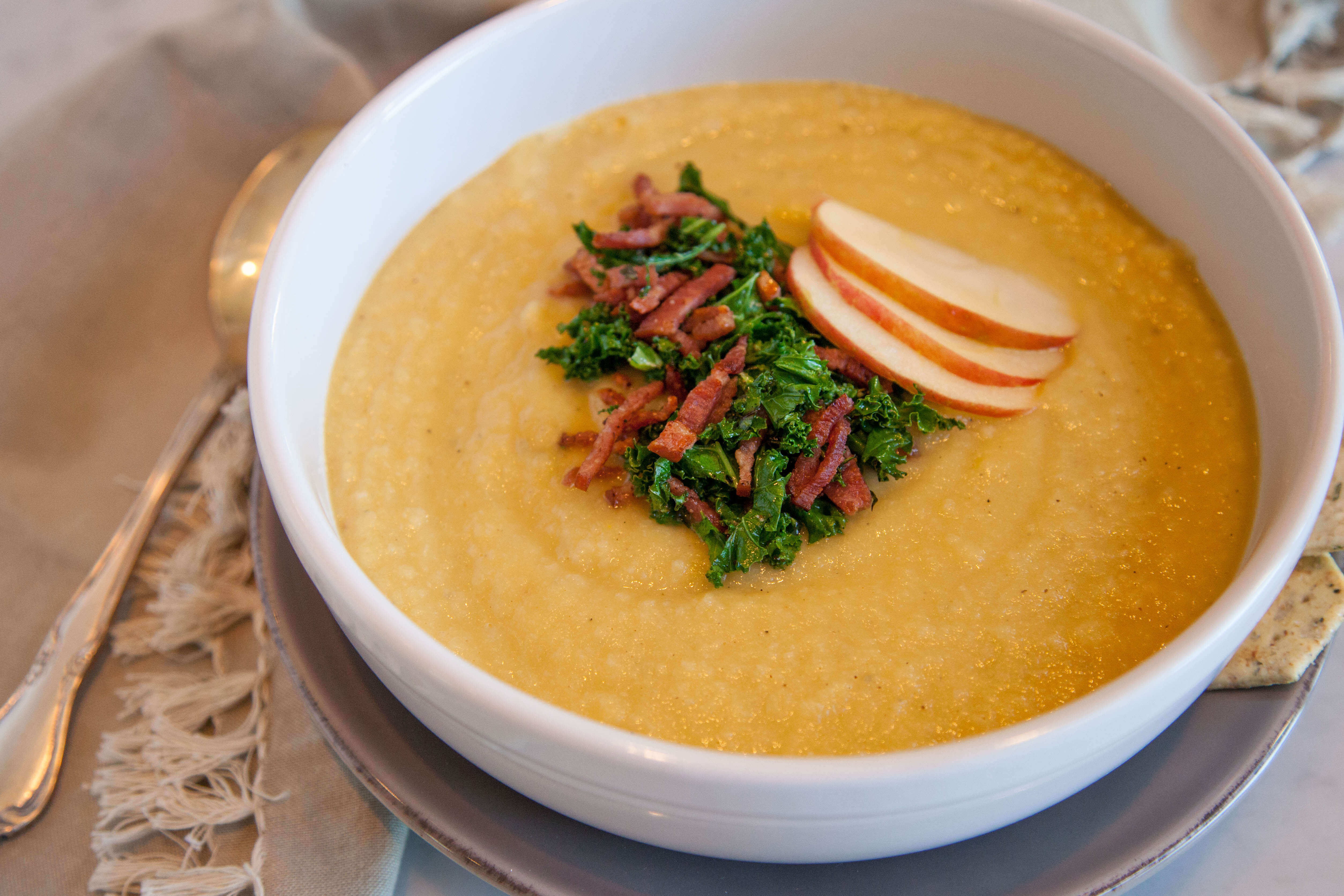Roasted Apple & Parsnip Soup, topped with Sautéed Garlicky Kale and Turkey Bacon