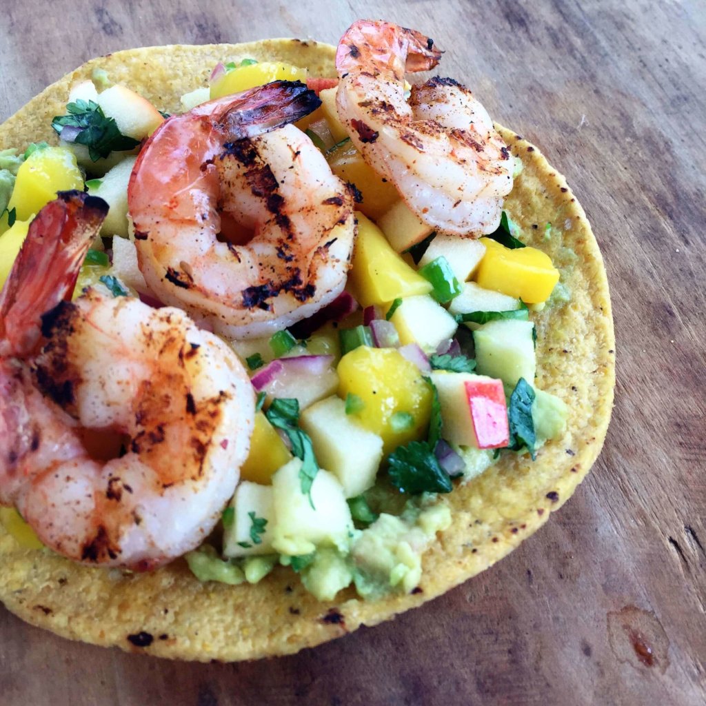 grilled shrimp tostadas with apple and mango salsa