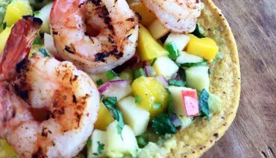 Grilled Shrimp Tostadas with Piñata Apple & Mango Salsa