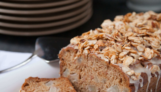 Bosc Pear Bread with Maple Glaze and Sugared Almond Crunch