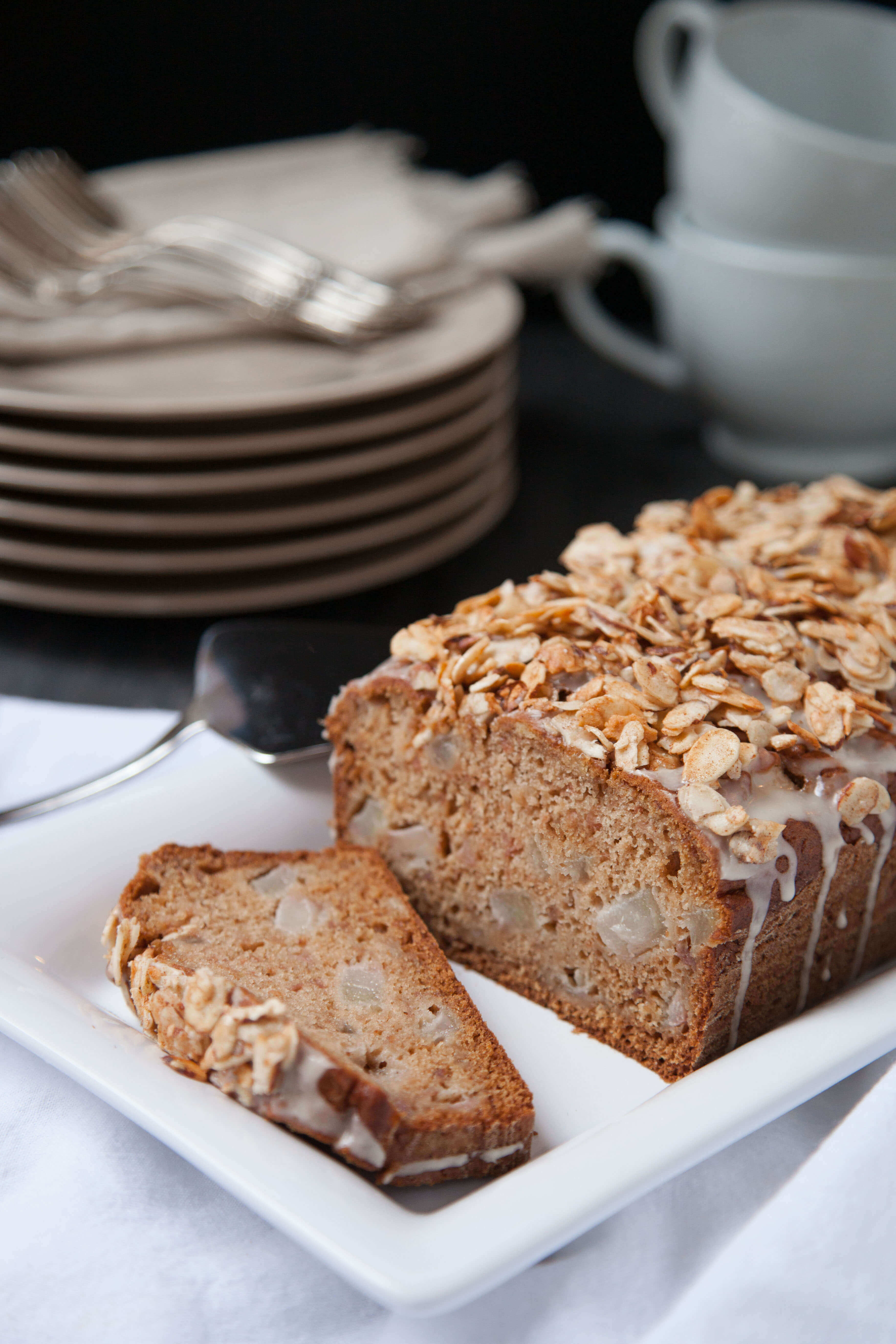 Bosc Pear Bread with Maple Glaze and Sugared Almond Crunch