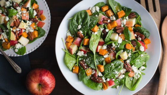 Spinach Salad with Roasted Sweet Potatoes and Apple