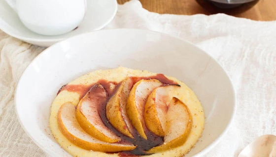 Roasted Pears over Mascarpone Polenta with Red Wine Caramel Sauce