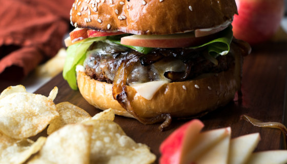 Veggie Burger with Havarti, Caramelized Onion, and Sliced Apple