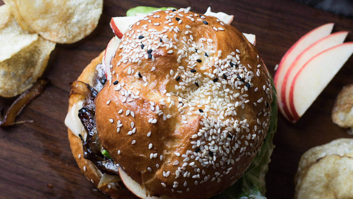 Veggie Burger with Havarti, Caramelized Onion, and Sliced Apple