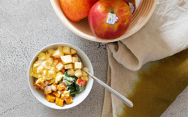 Savory Breakfast Bowl with apples for decor