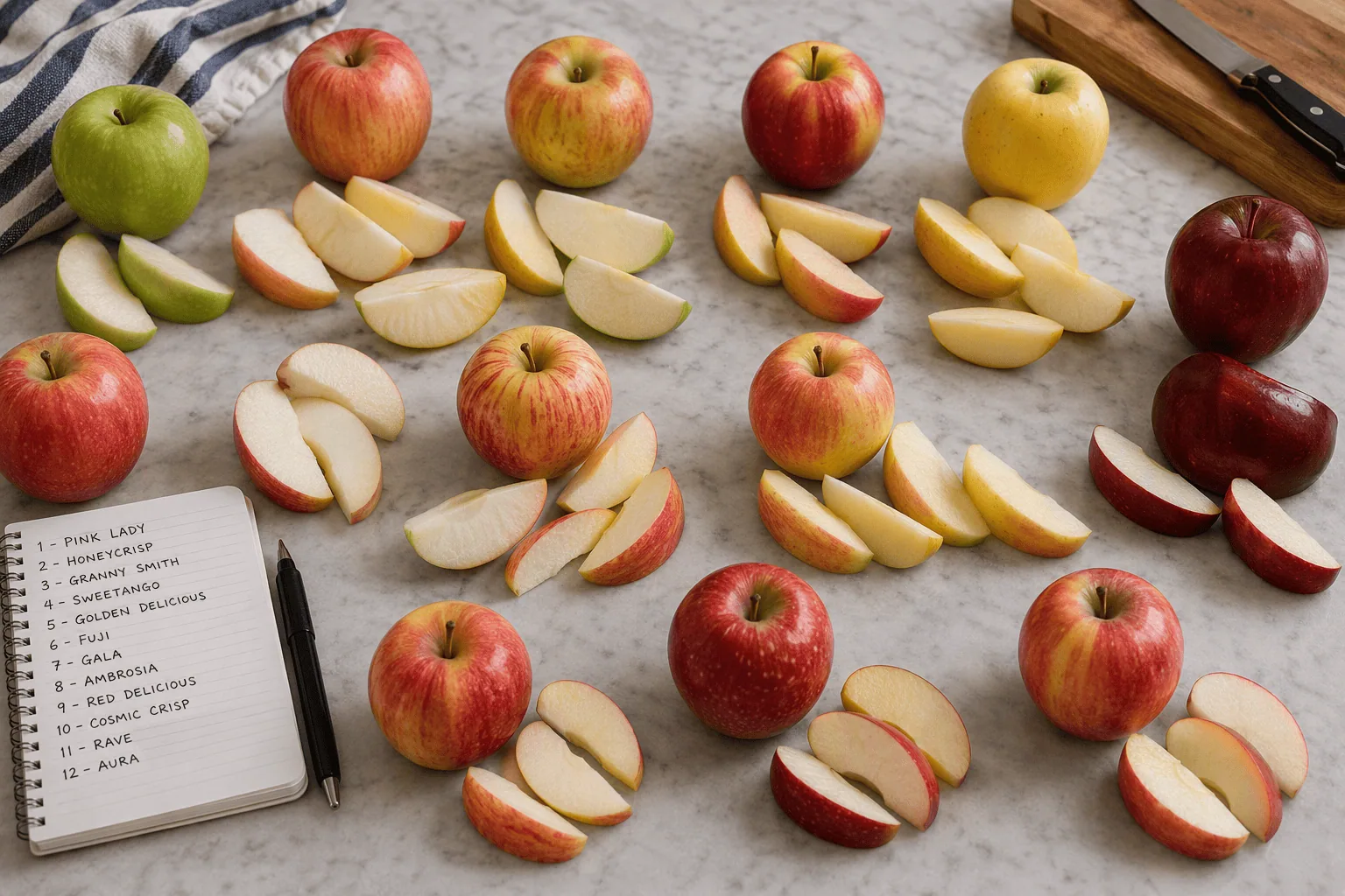 Variety of apples with different sweetness levels for tasting and comparison.