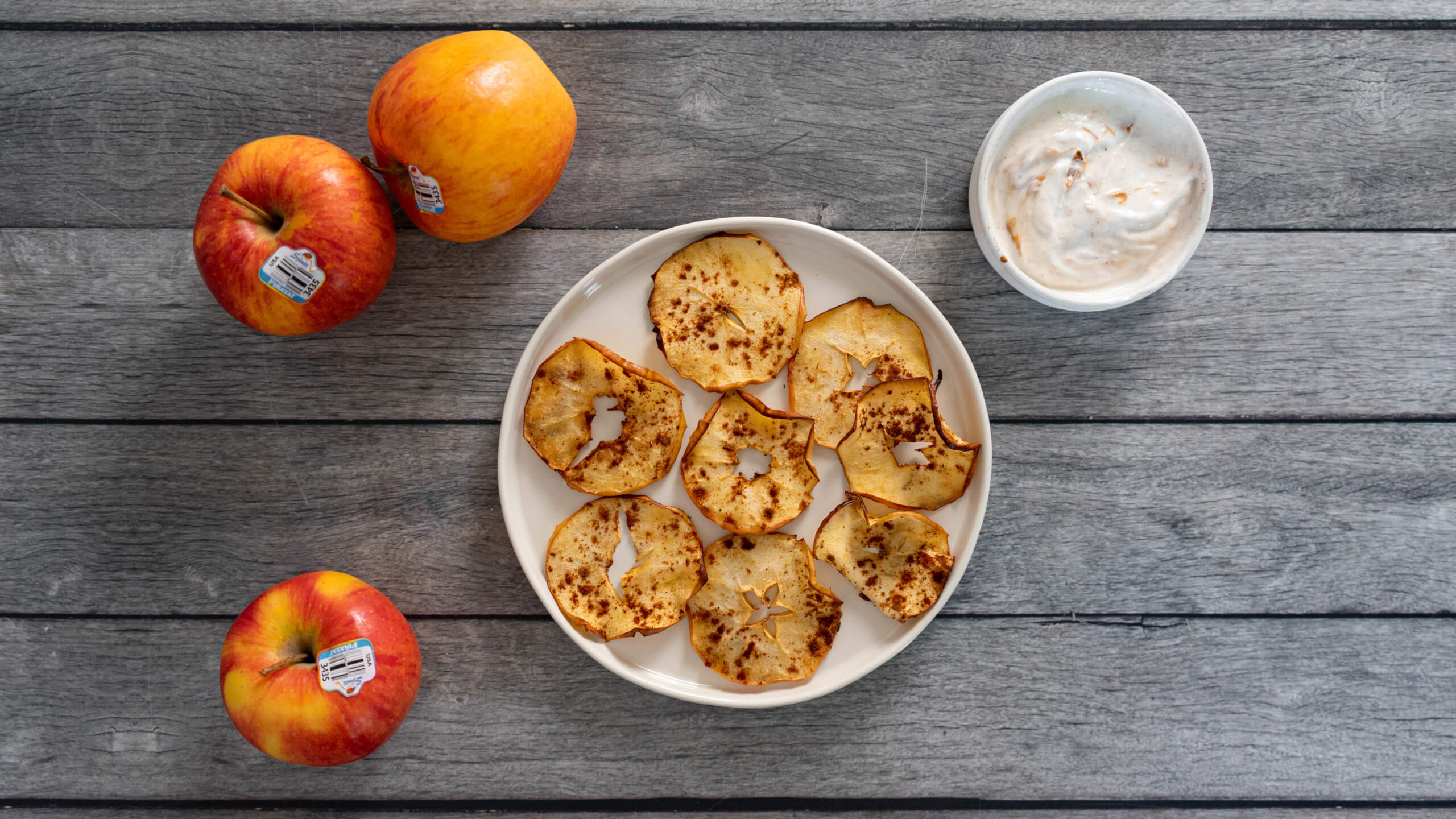 Cinnamon apple air-fried chips with yogurt dipping sauce.