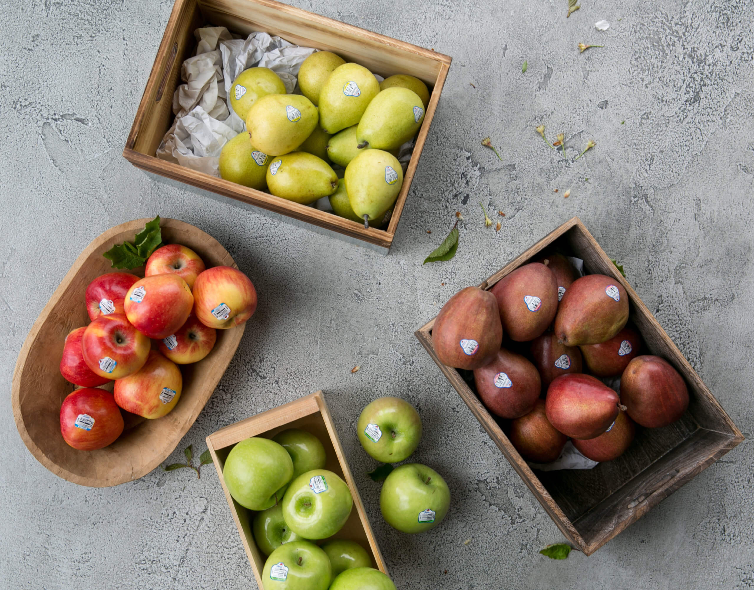 Apples and pears in wood boxes on a counter top