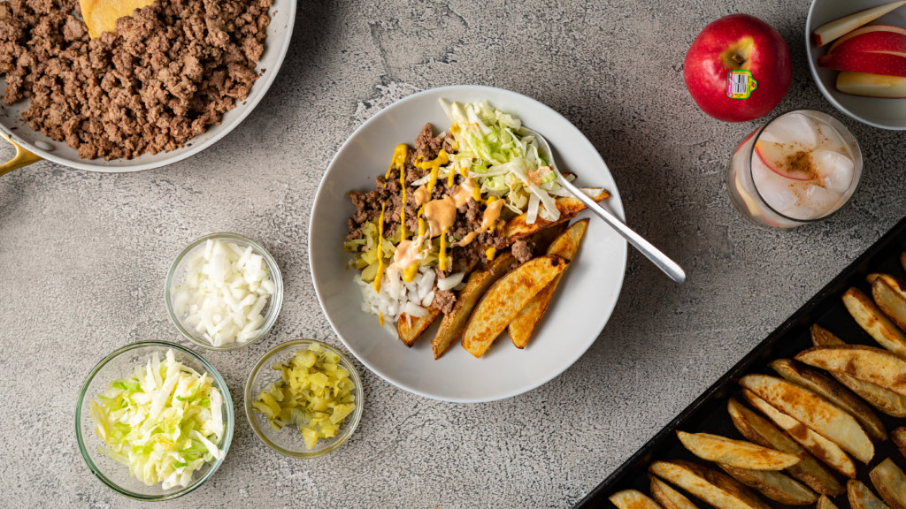 burger bowl with toppings on the side