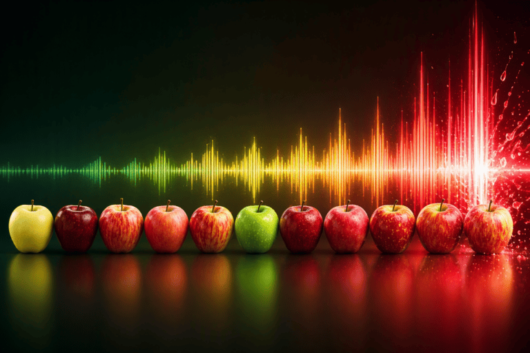 Vibrant apples with a colorful sound wave background for crispness and freshness.