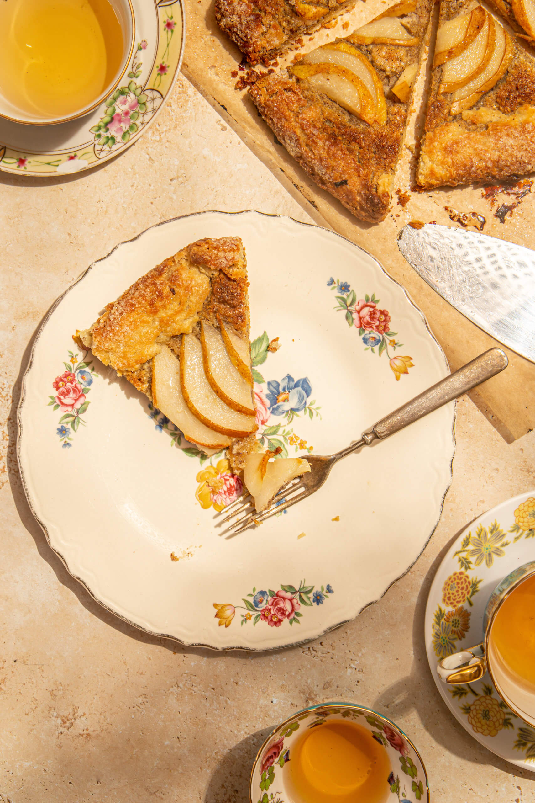 Slice of pear galette on a plate