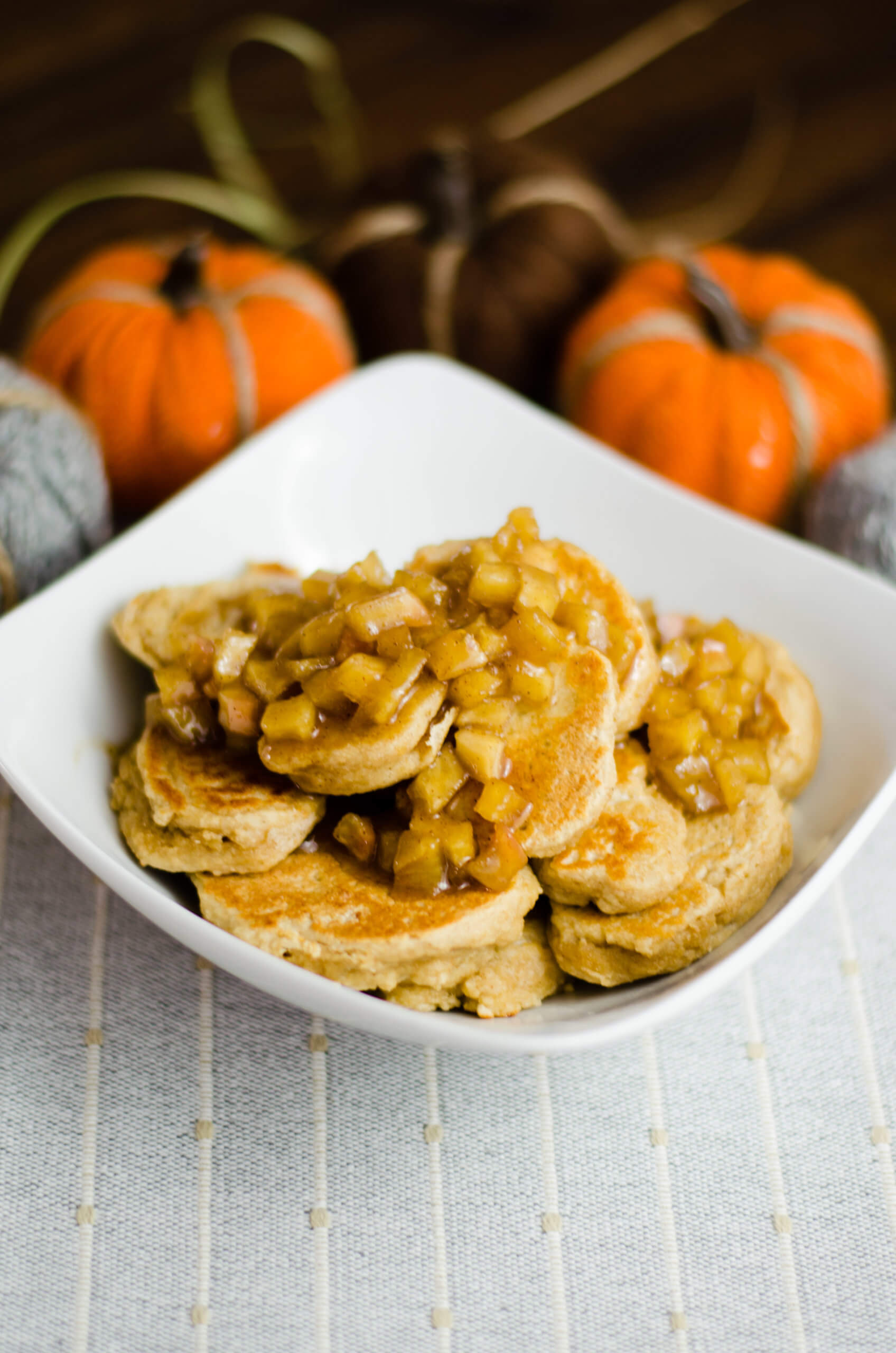 Mini Pancakes with Chunky Apple Syrup in a bowl