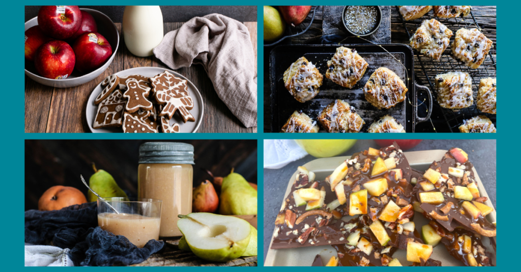 Four different baked goods: Gingerbread cookies, pear scones, pear sauce, and caramel bark.