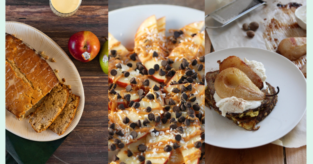 Eggnog Bread, Apple Nachos, and Rustic Pear French Toast header photos