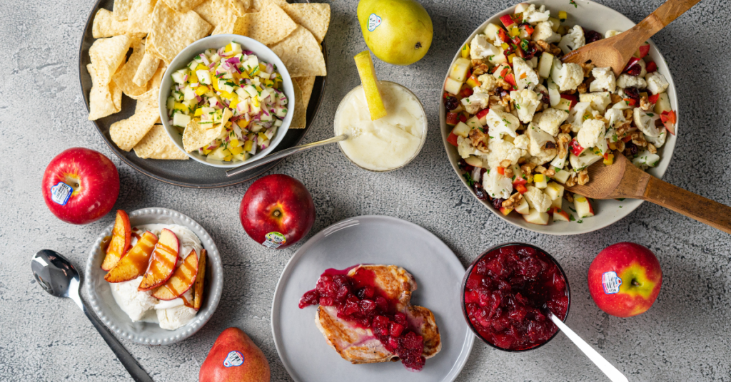 A mixture of dishes featuring apples and pears as a star ingredient- apple cranberry sauce, grilled apples and ice cream, almond pear smoothie, apple cauliflower crunch salad, green apple salsa.