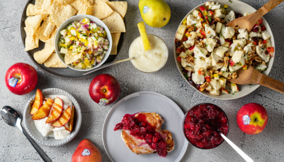 A mixture of dishes featuring apples and pears as a star ingredient- apple cranberry sauce, grilled apples and ice cream, almond pear smoothie, apple cauliflower crunch salad, green apple salsa.