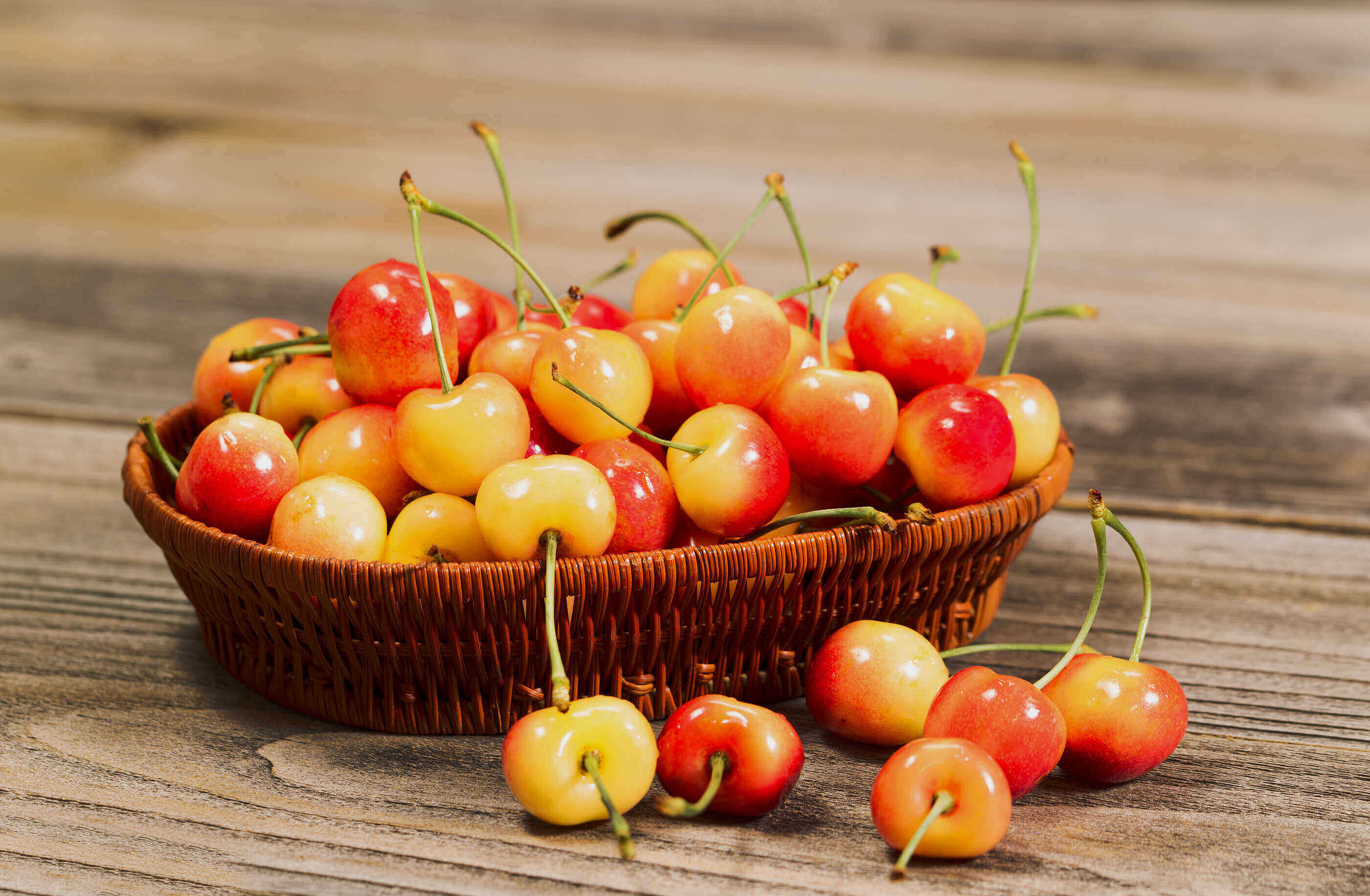 1341 1341 bigstock Juicy Golden Rainier Cherries 67621732