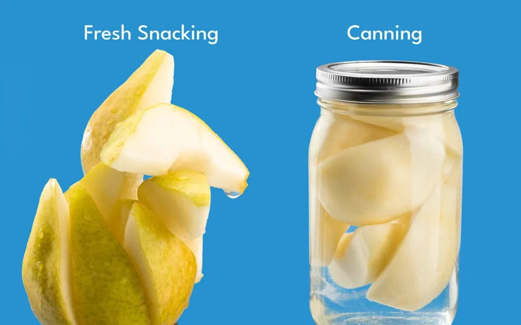 Freshly sliced Bartlett pears and canned pear slices in a jar on a blue background.