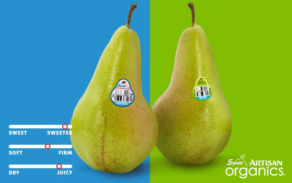 Fresh organic pears from Stemilt with barcode labels on a colorful background.
