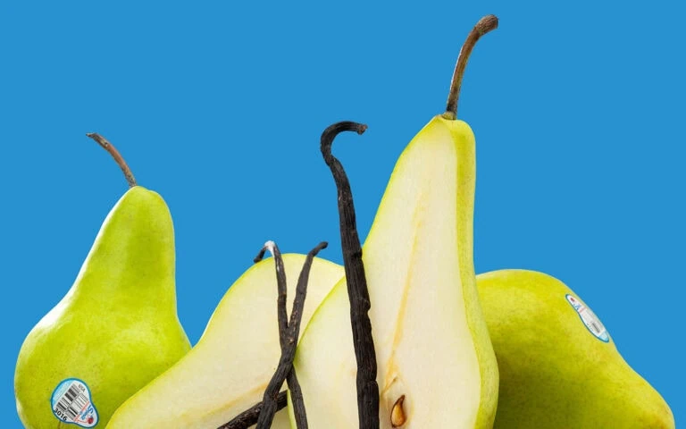 Fresh green and yellow pears on a blue background for Stemilt.