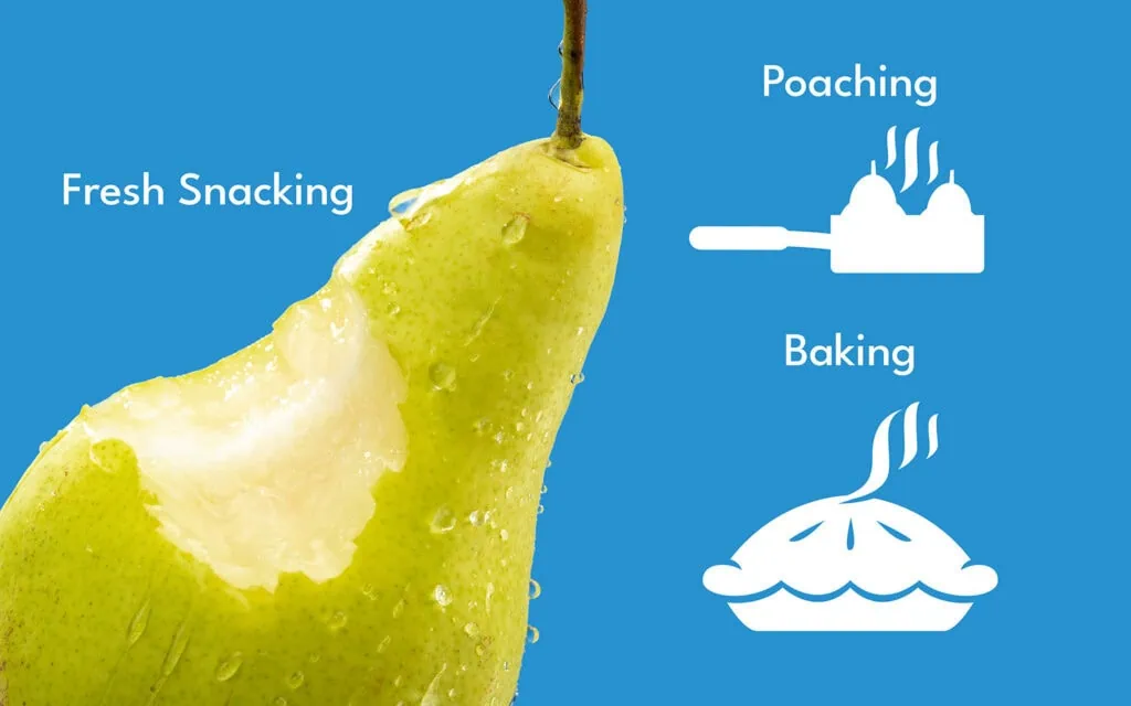 Fresh pear with tips on poaching, baking, and snacking from Stemilt.