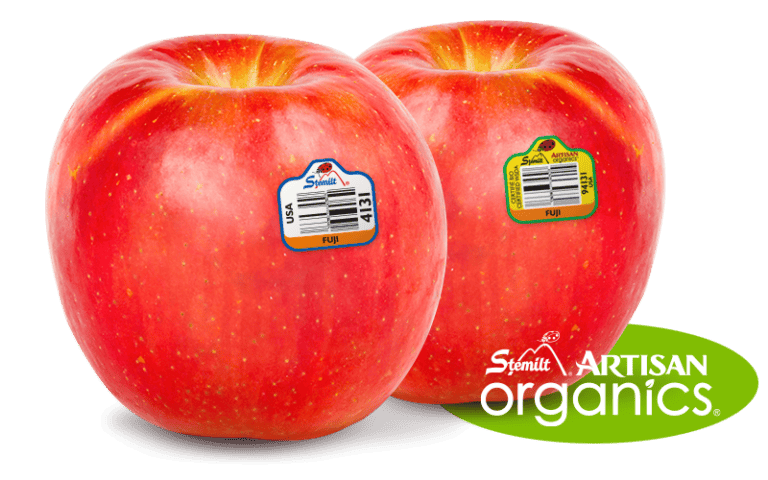 Fresh Fuji apples with Stemilt Artisan Organics label for optimal freshness.