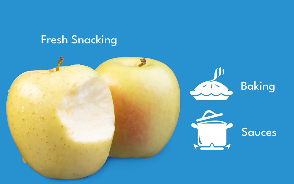 Two Golden Delicious apples, one partially eaten, on a blue background with icons for fresh snacking.