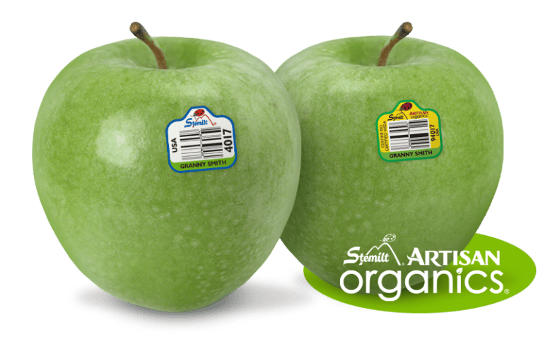 Fresh Granny Smith apples with organic certification labels from Stemilt.
