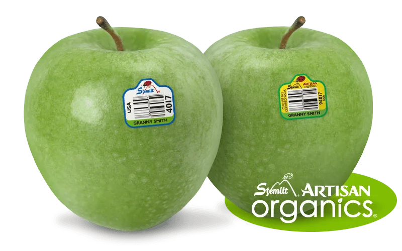 Fresh Granny Smith apples with organic certification labels from Stemilt.
