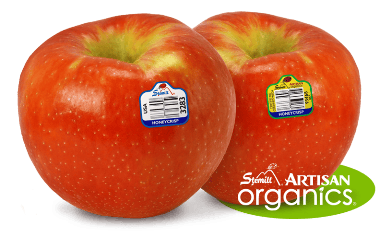 Fresh Honeycrisp apples with organic and artisan labels from Stemilt.