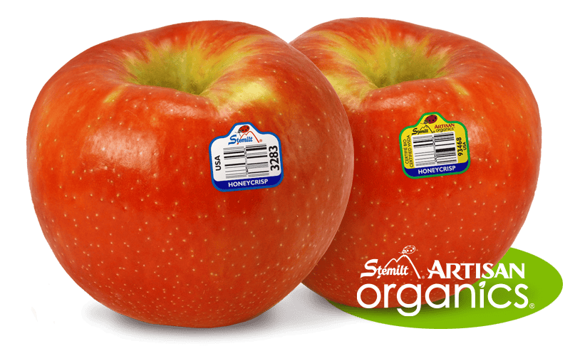 Fresh Honeycrisp apples with organic and artisan labels from Stemilt.