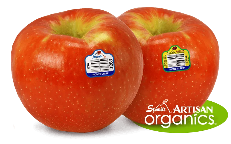 Fresh Honeycrisp apples with organic and artisan labels from Stemilt.