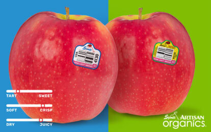 Fresh Pink Lady&reg; apple with quality label on a colorful background.