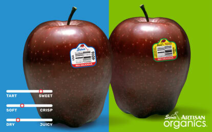 Two Red Delicious apples with stickers on a split blue and green background.