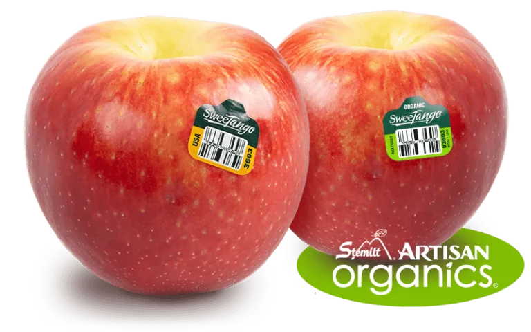 Two fresh SweeTango apples with organic stickers on a white background.