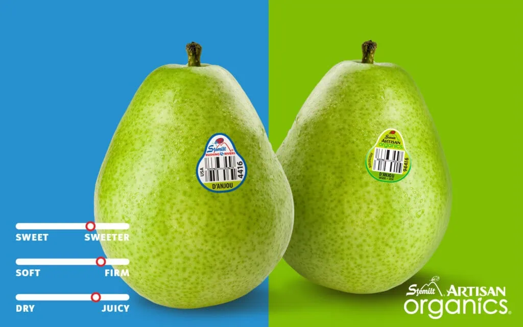 Fresh green D’Anjou pears with barcode stickers on a split background.