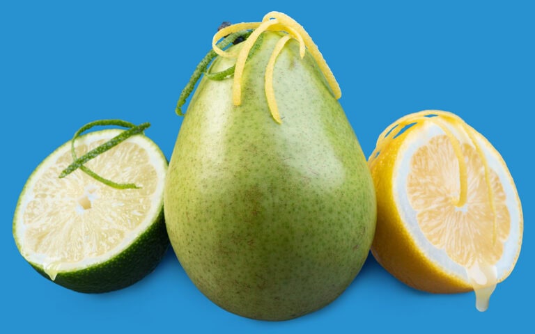 Fresh green pear with lemon slices on a blue background.