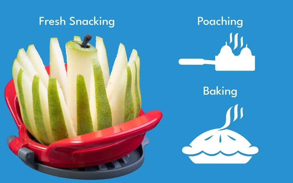 Freshly sliced pears in a red steamer basket for poaching, baking, and snacking.