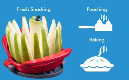 Freshly sliced pears in a red steamer basket for poaching, baking, and snacking.