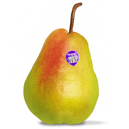 Fresh Happi Pear® with a sticker, ripe and ready to eat, on a white background.