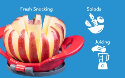 Sliced apple in a red slicer for fresh snacking, salads, and juicing.
